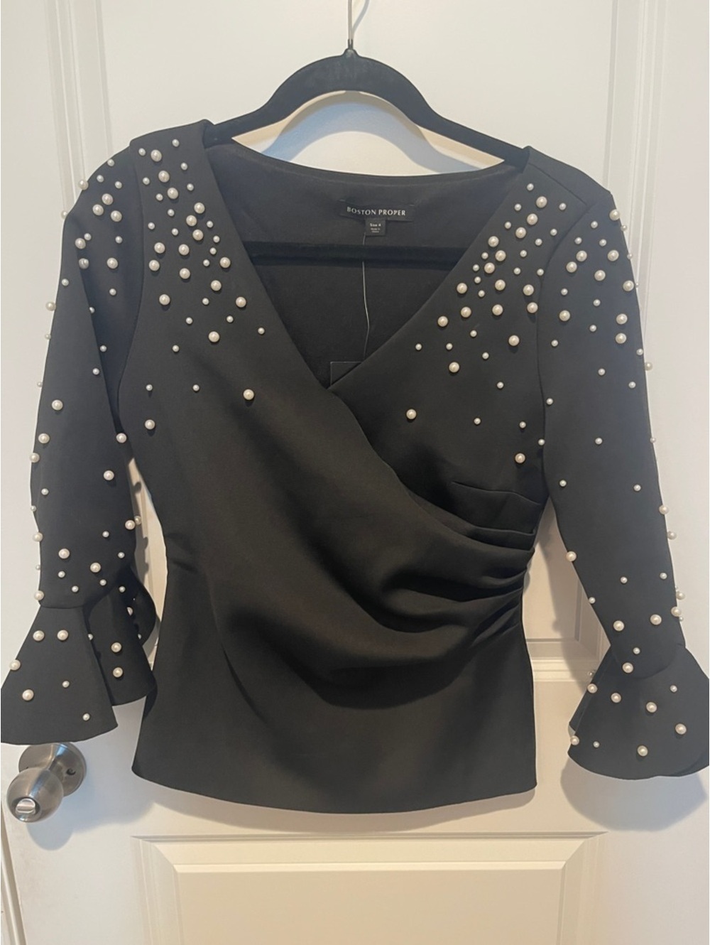Boston Proper Black Faux-Wrap Pearl-Accent Blouse